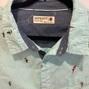Retrofit Parrot Toucan Print Button Down Shirt Blue Short Sleeve XXL